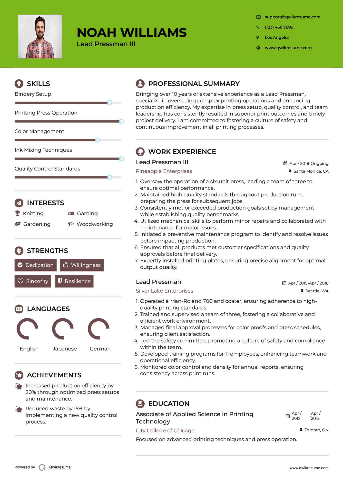 Lead Pressman III Resume Model