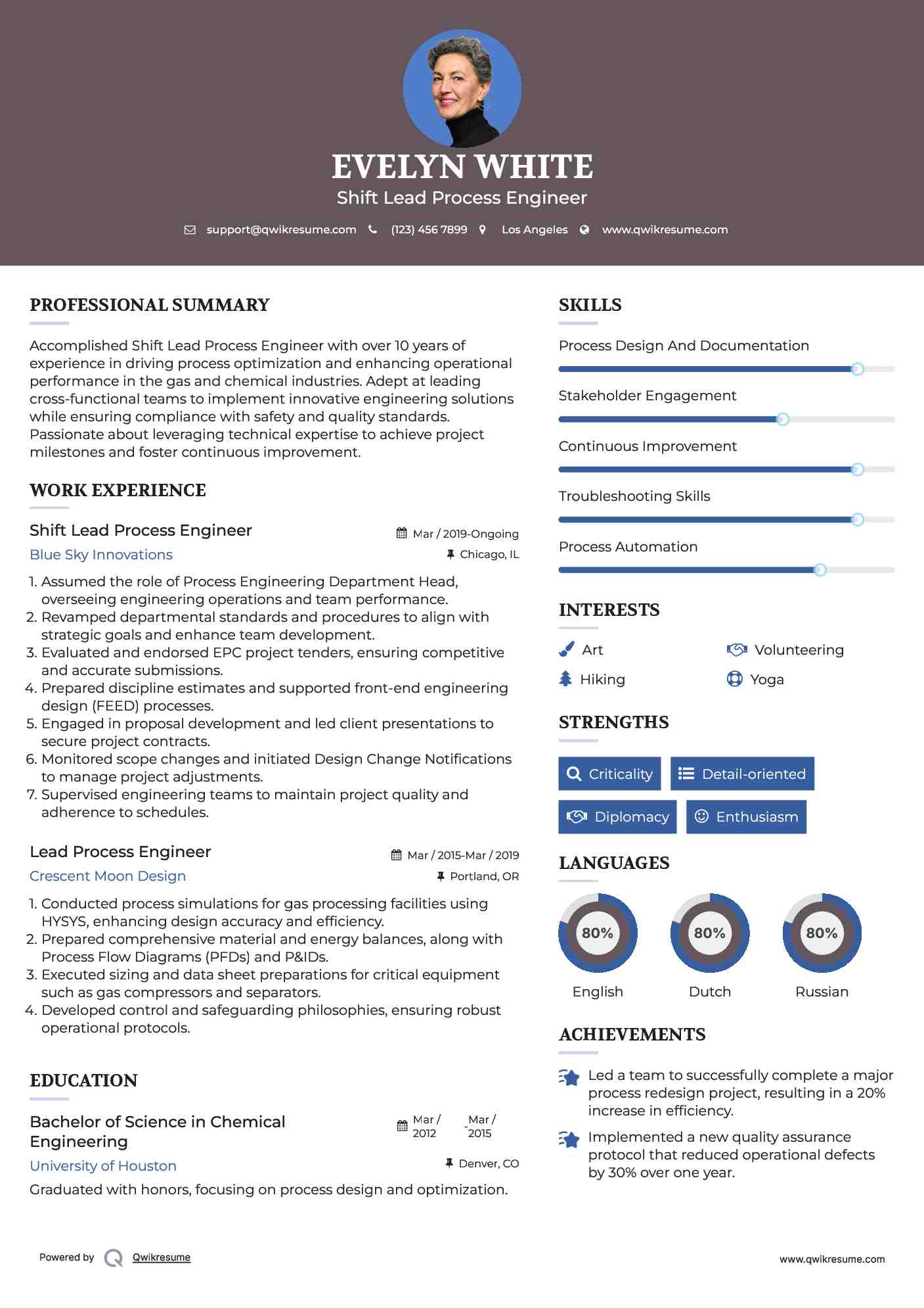 Shift Lead Process Engineer  Resume Model