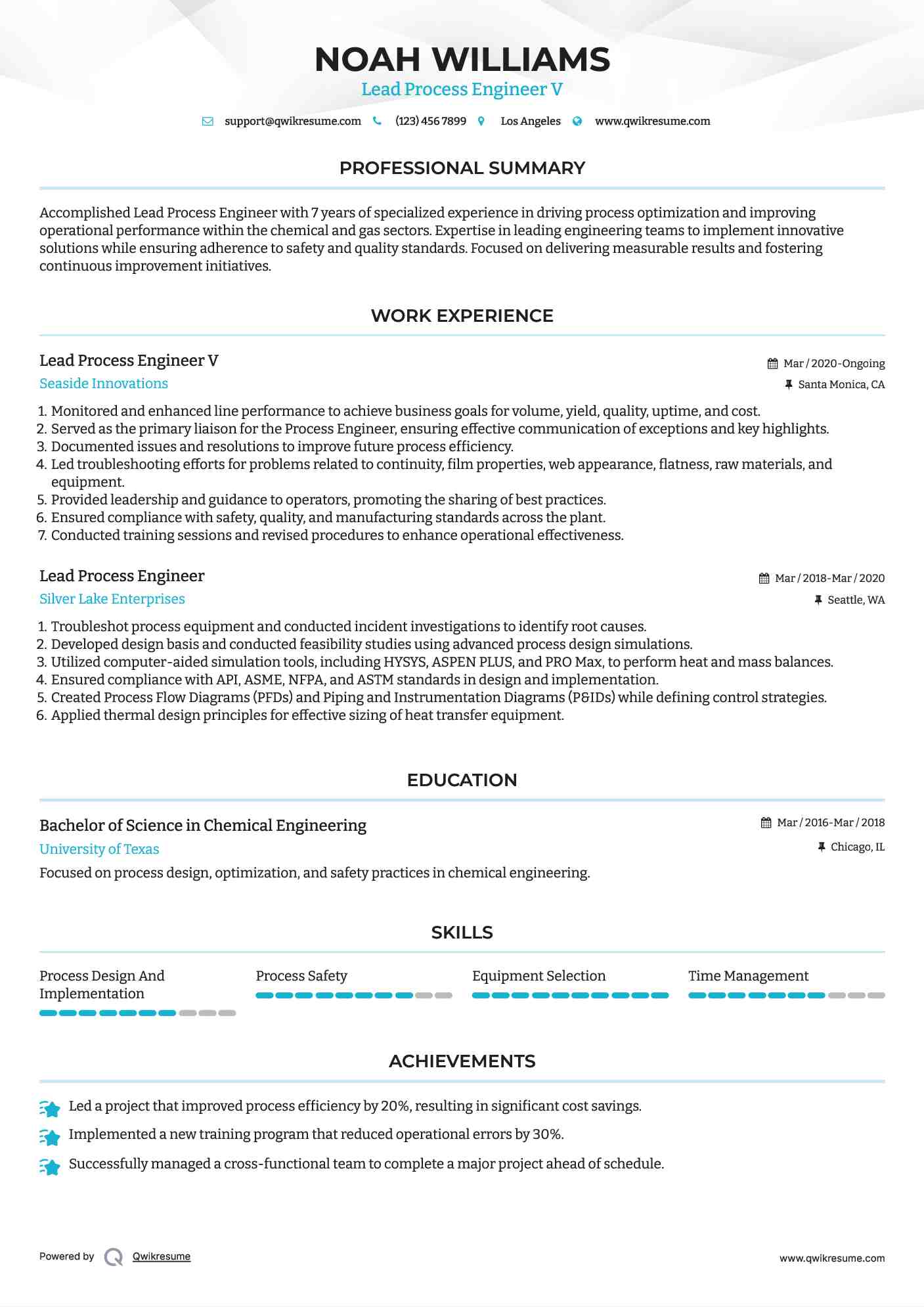 Lead Process Engineer V
 Resume Template