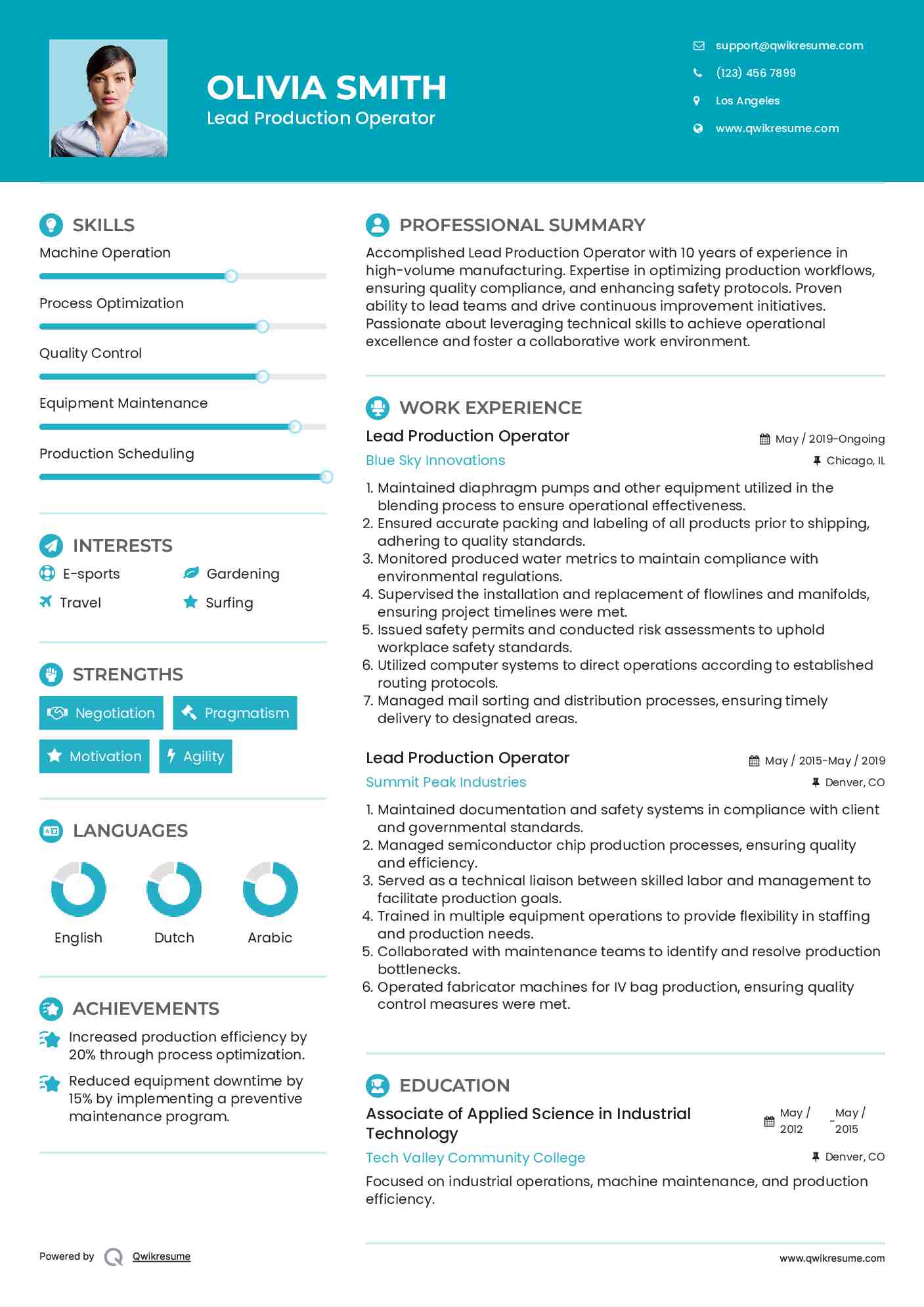 Lead Production Operator Resume Sample