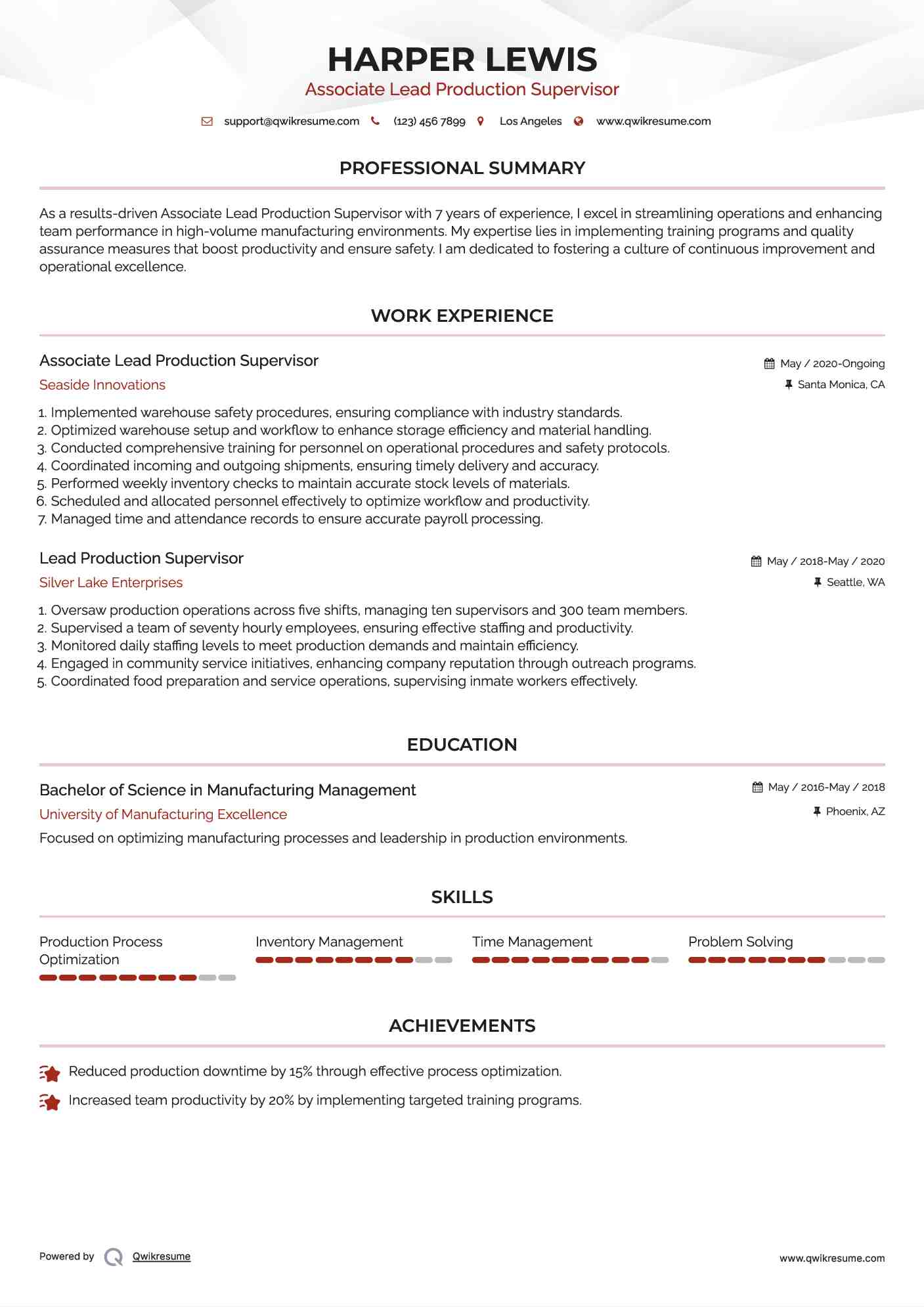 Associate Lead Production Supervisor Resume Example