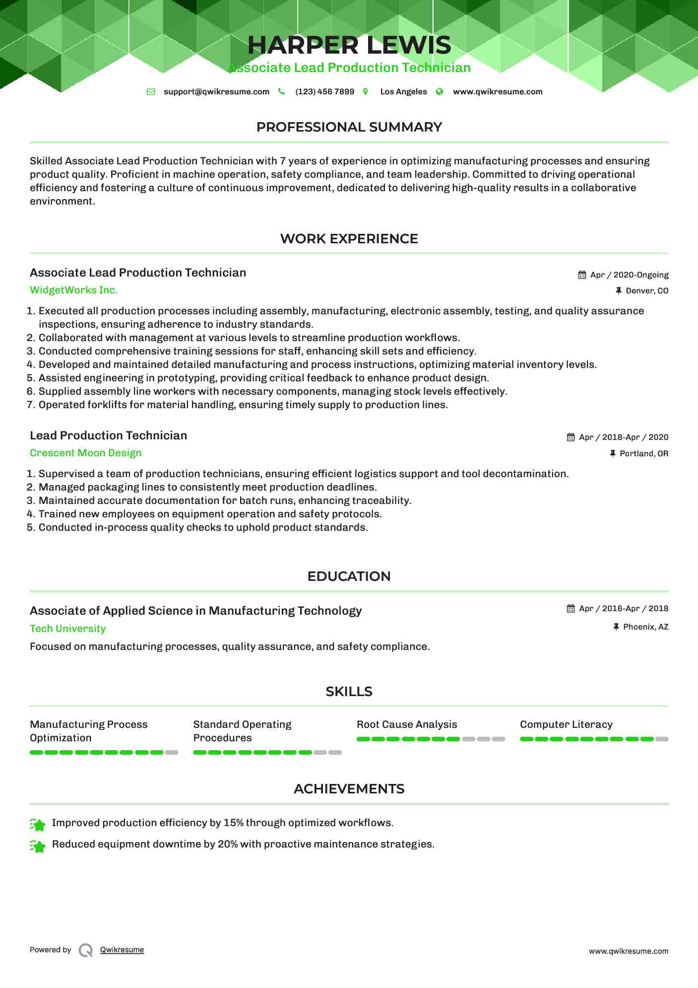 Associate Lead Production Technician Resume Template