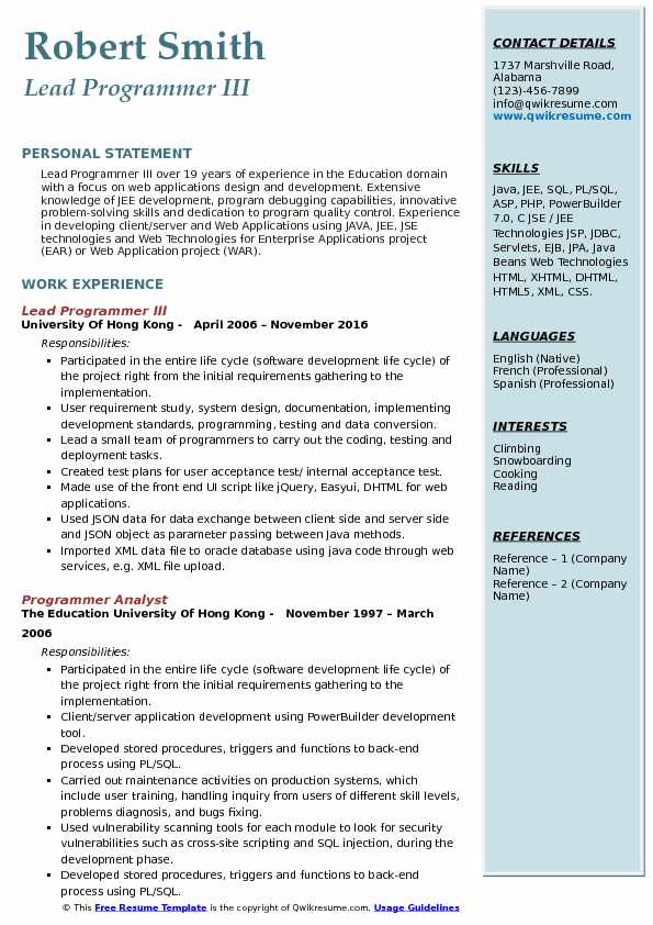 Lead Programmer Resume Samples QwikResume
