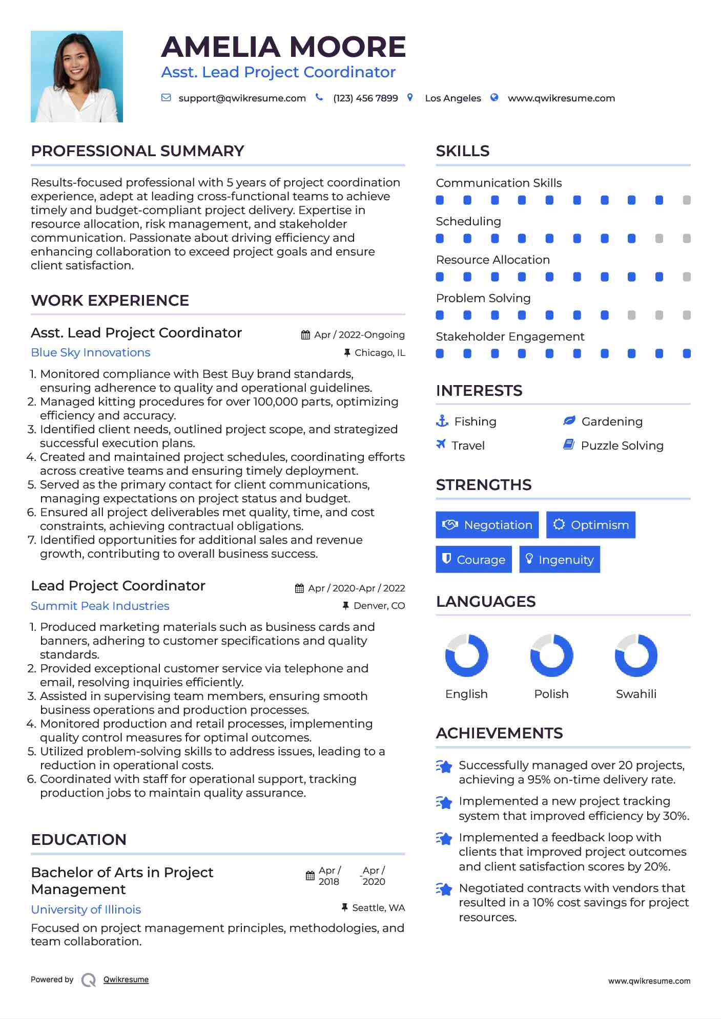 Asst. Lead Project Coordinator Resume Example