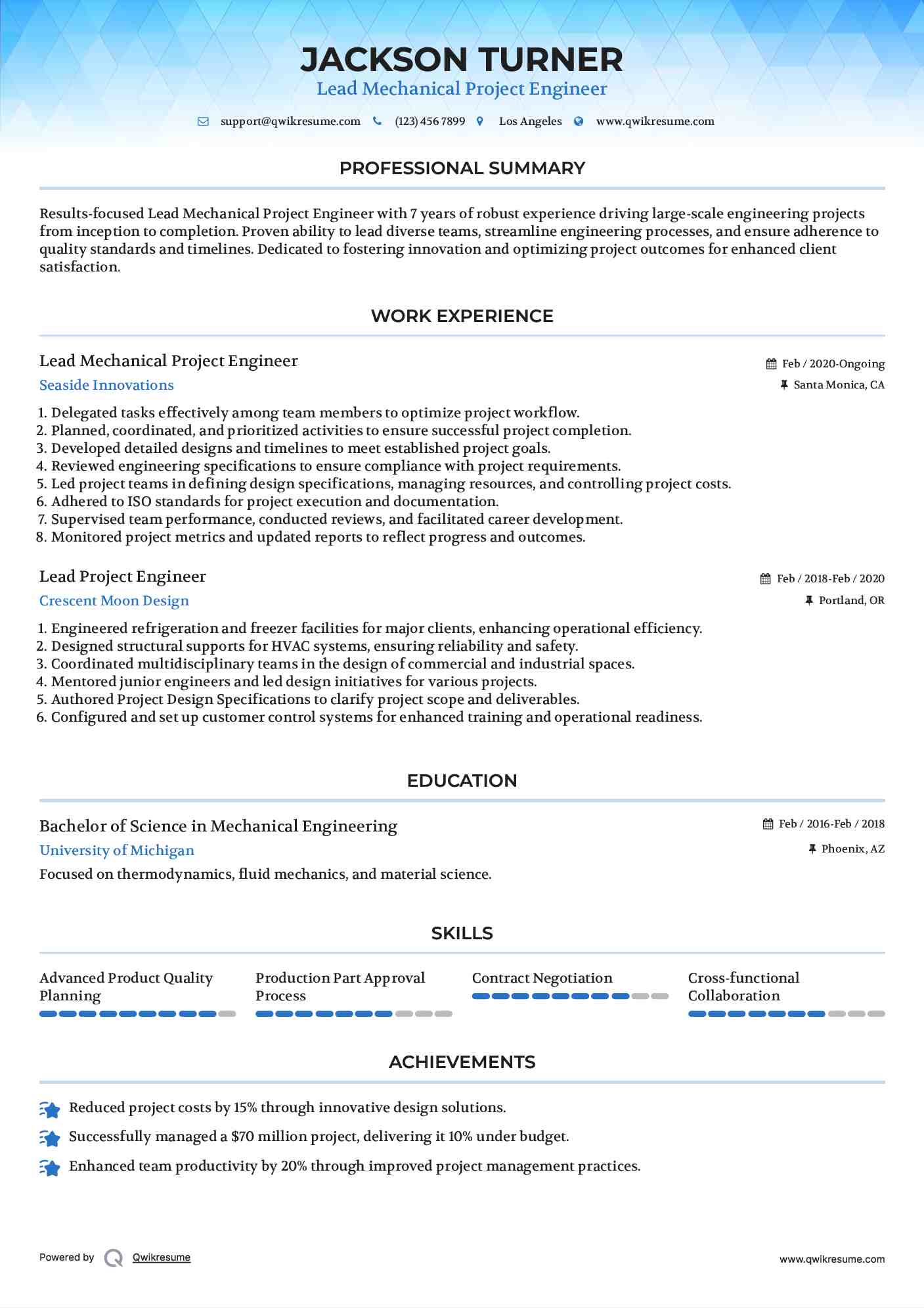Lead Mechanical Project Engineer Resume Model