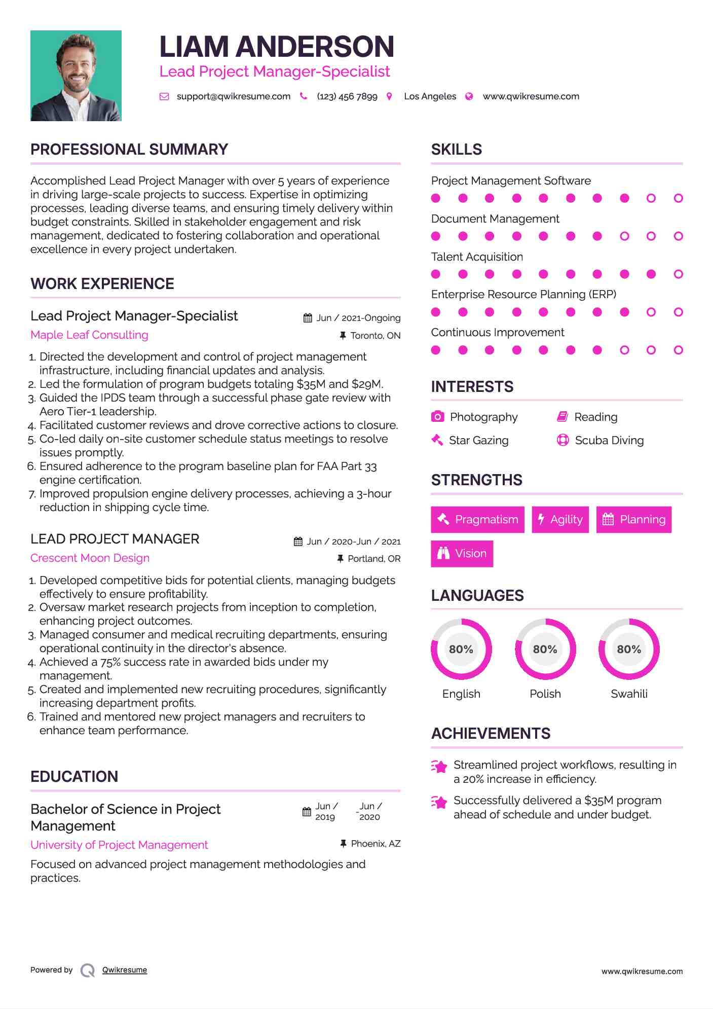 Lead Project Manager-Specialist Resume Template