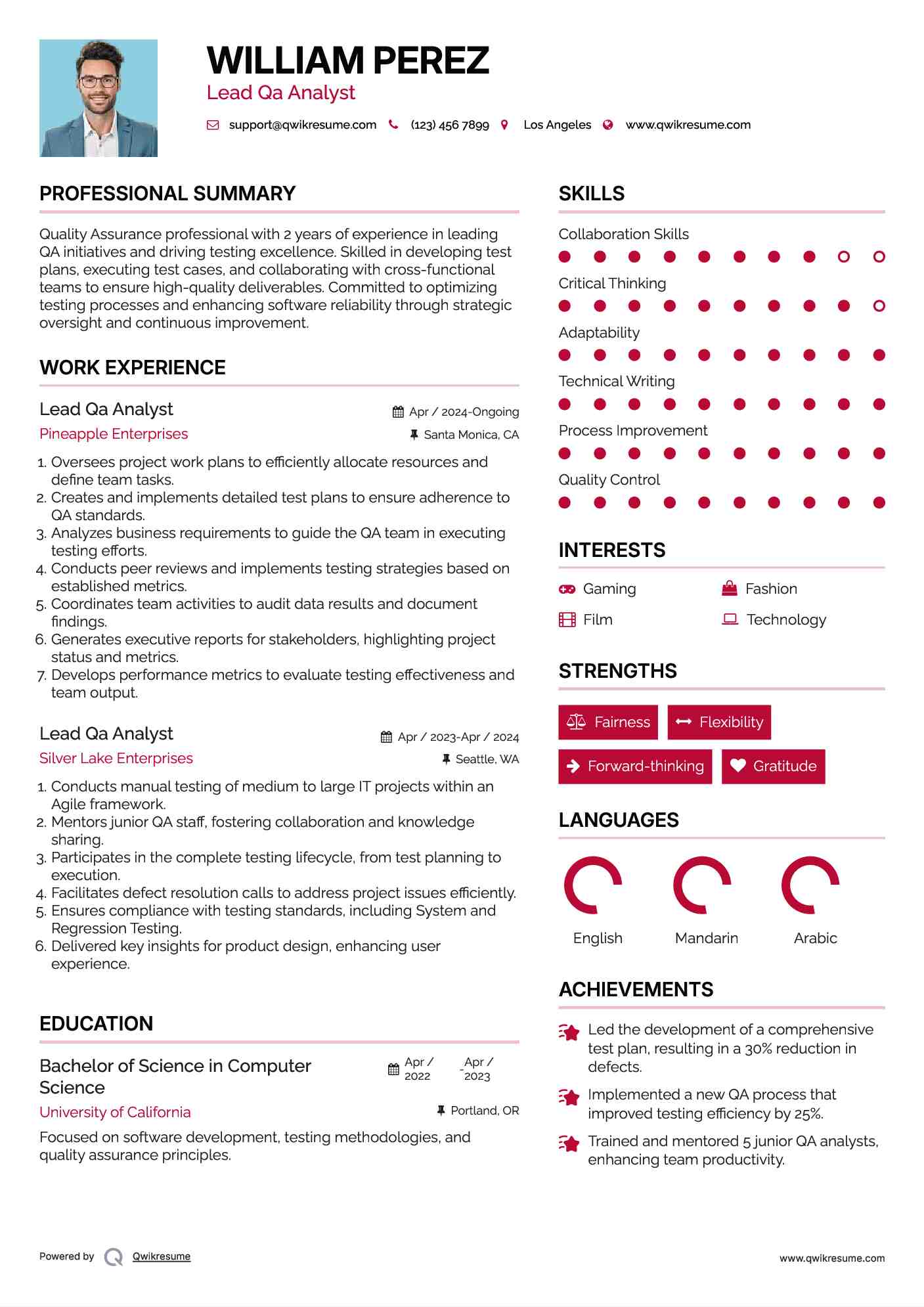 Lead Qa Analyst Resume Example