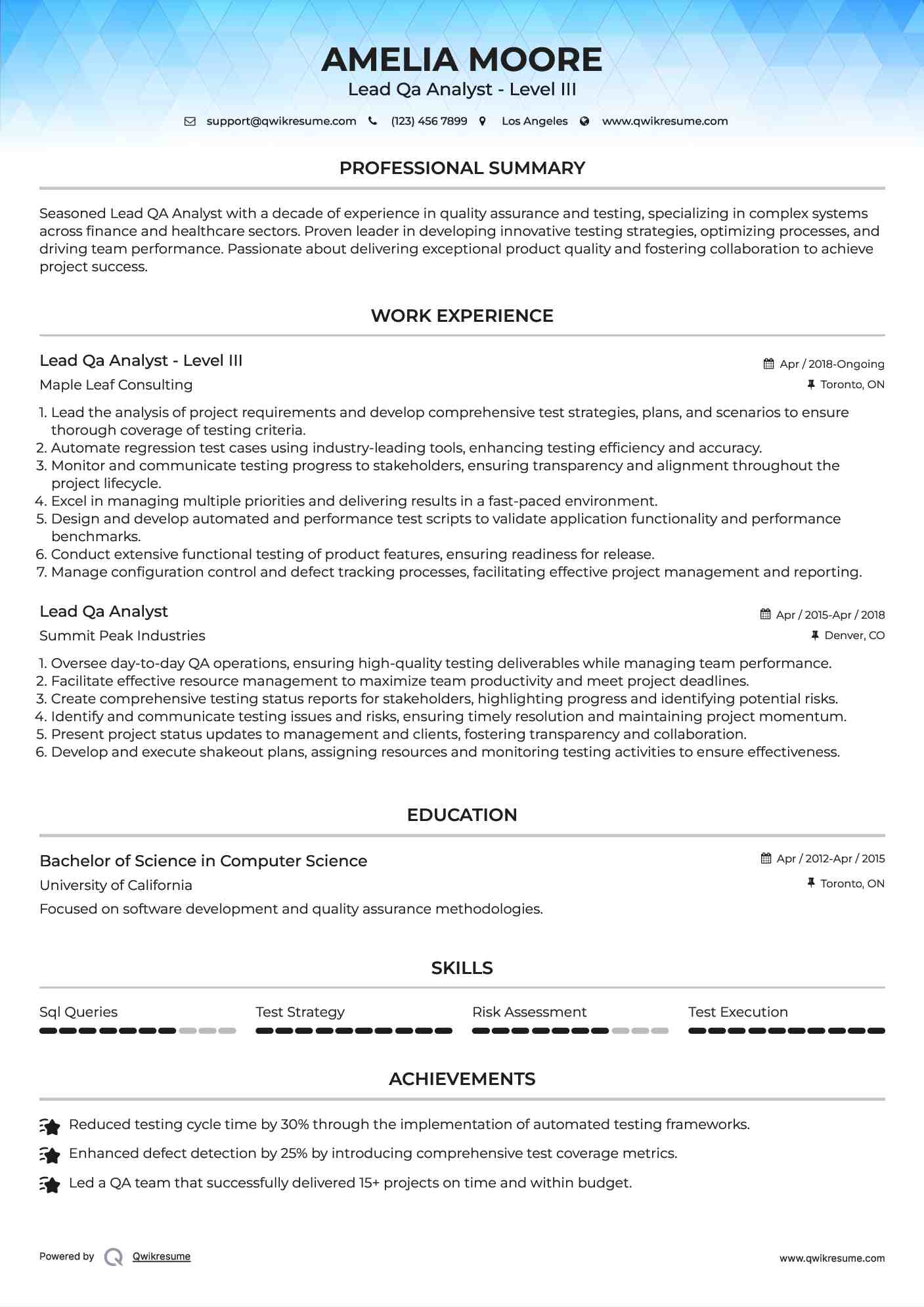 Lead Qa Analyst - Level III Resume Template
