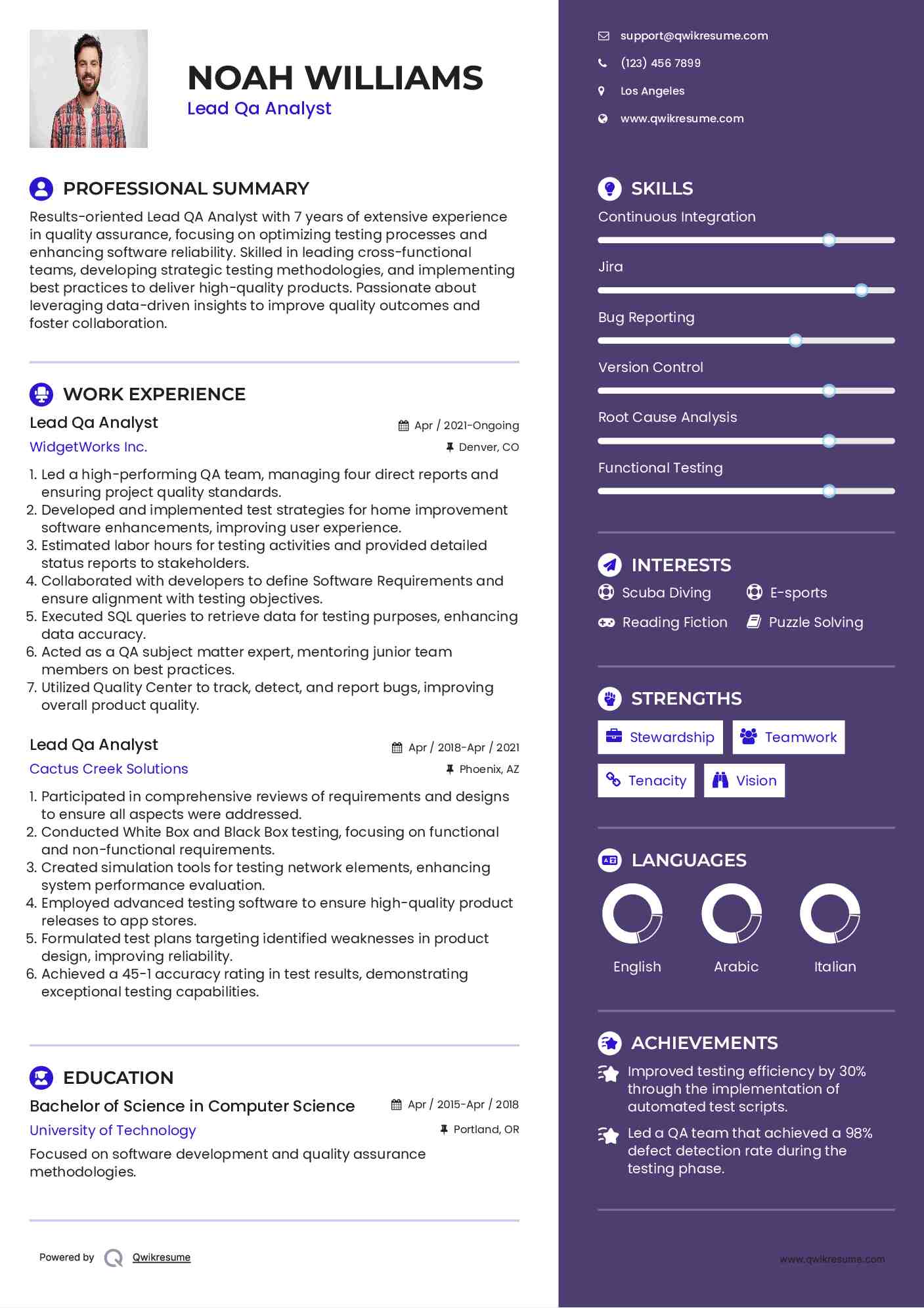 Lead Qa Analyst Resume Example
