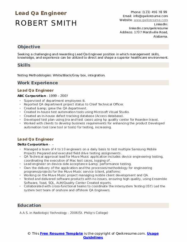 Lead QA Engineer Resume Samples QwikResume