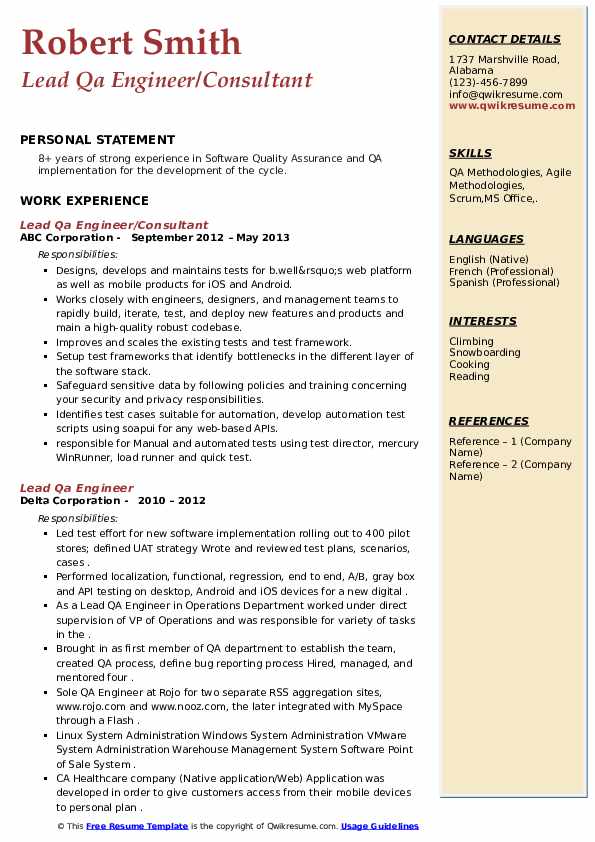 Lead QA Engineer Resume Samples QwikResume