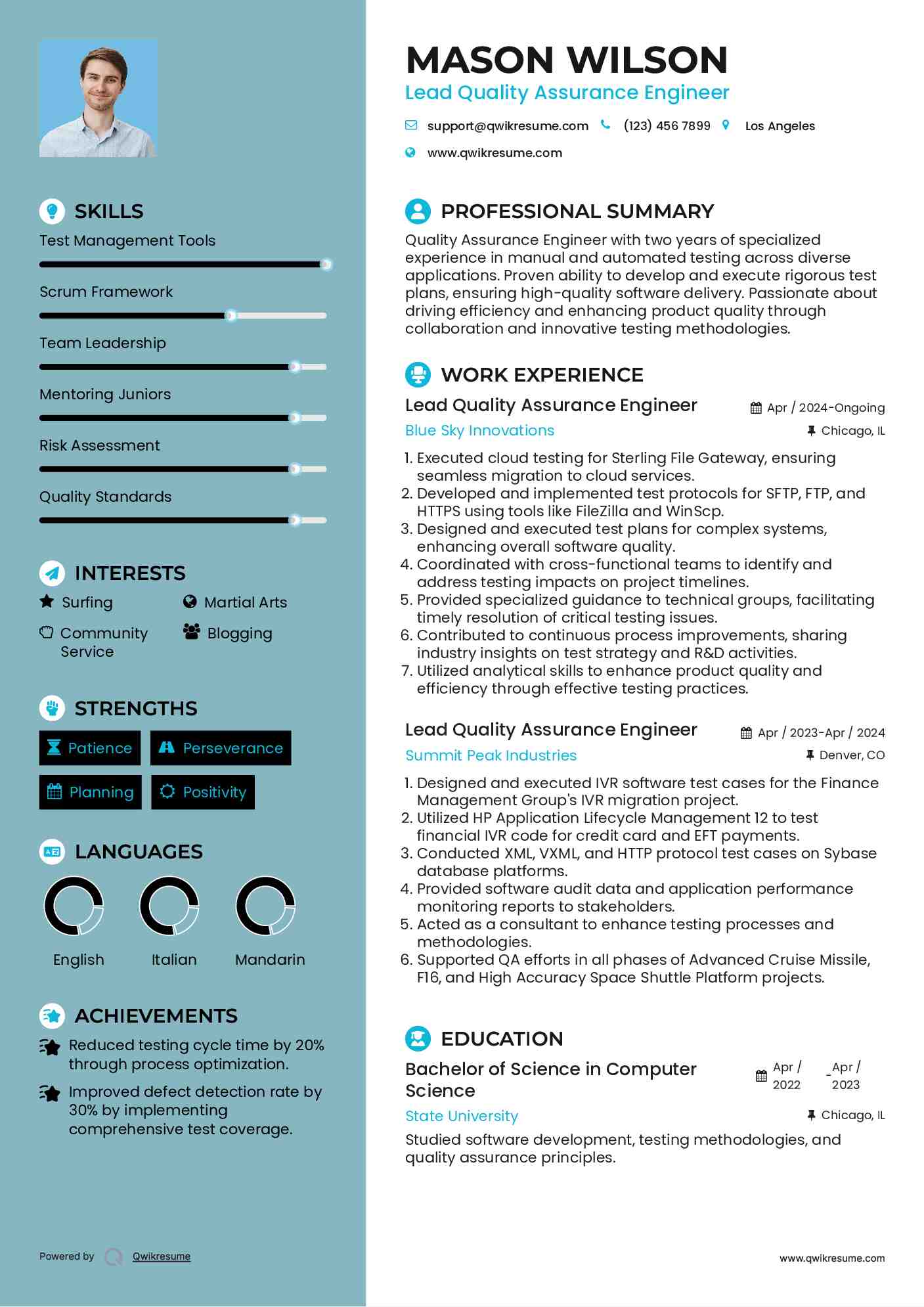 Lead Quality Assurance Engineer Resume Model