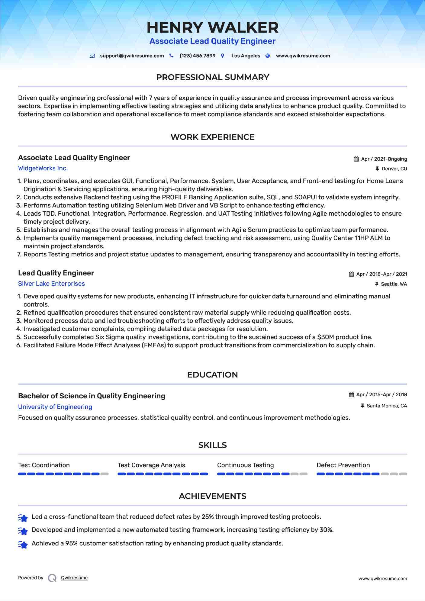 Associate Lead Quality Engineer Resume Format