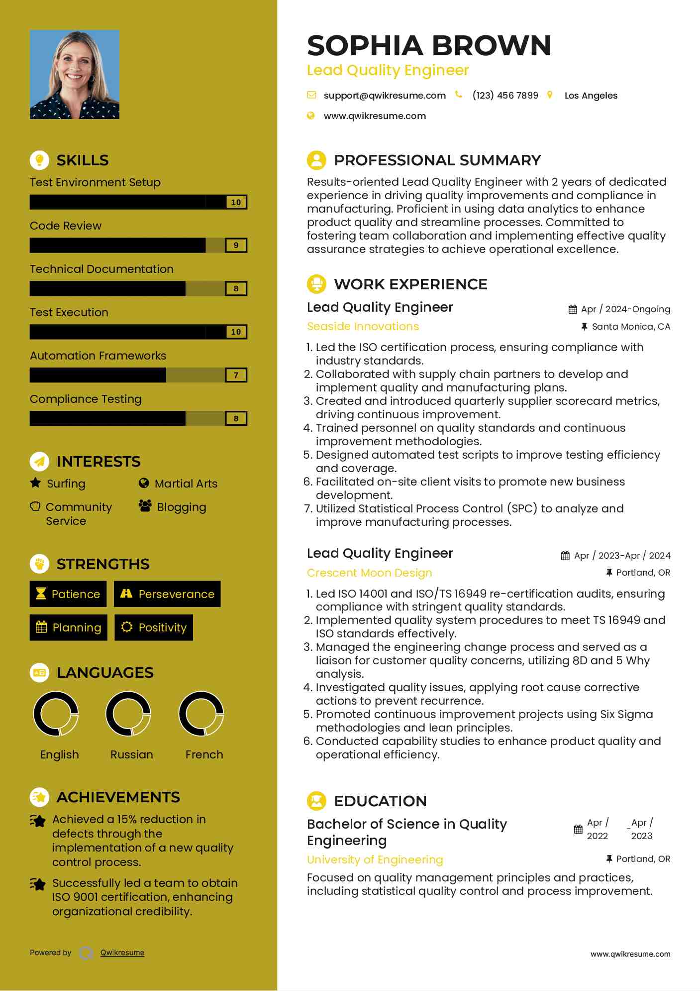 Lead Quality Engineer Resume Model