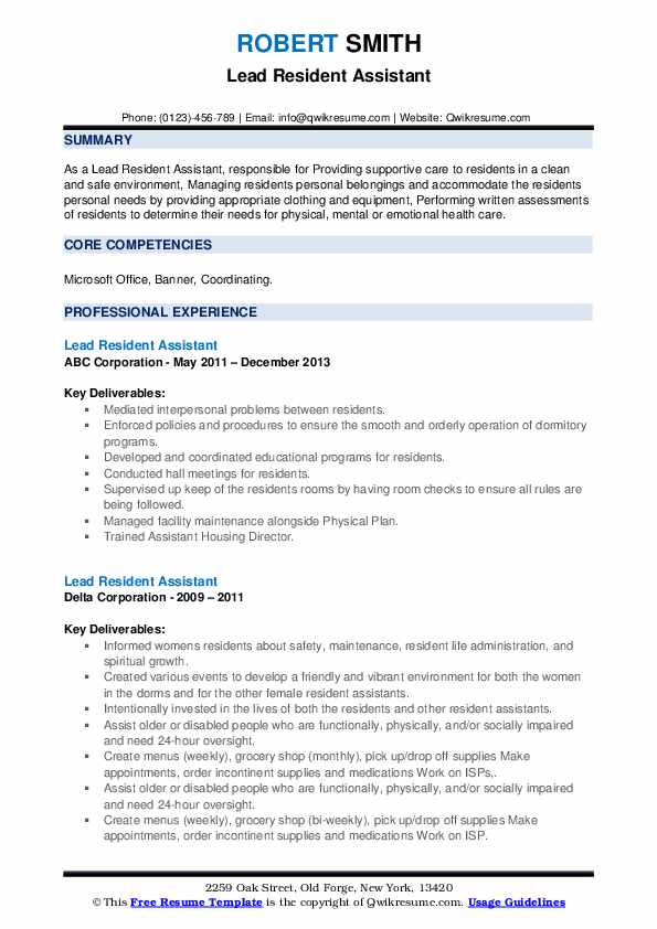 Lead Resident Assistant Resume Samples QwikResume