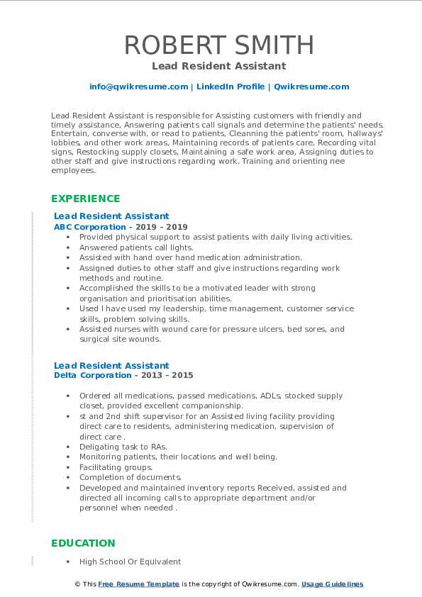 Lead Resident Assistant Resume Samples QwikResume