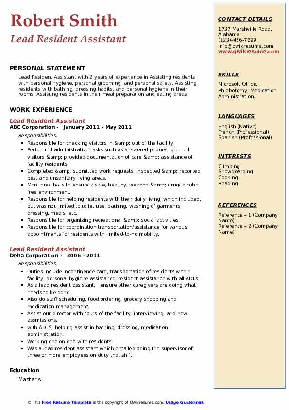 Lead Resident Assistant Resume Samples QwikResume