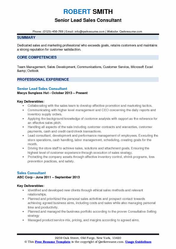 Lead Sales Consultant Resume Samples QwikResume