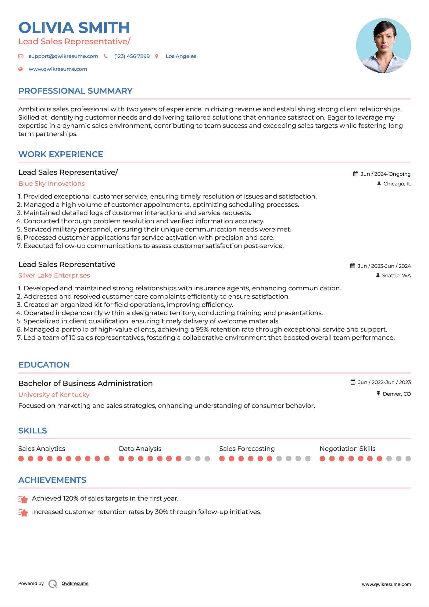 Lead Sales Representative/ Resume Format