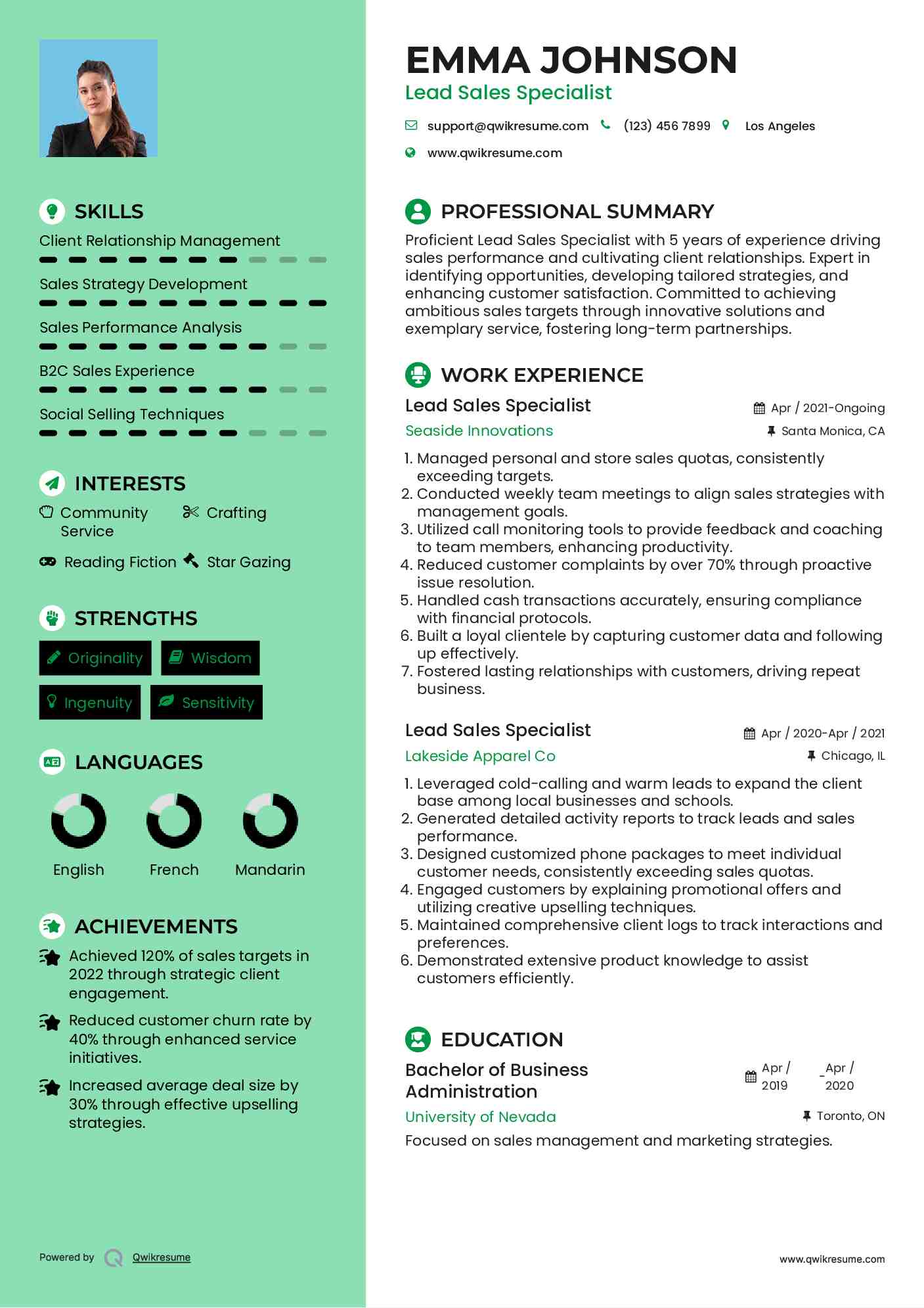 Lead Sales Specialist Resume Format