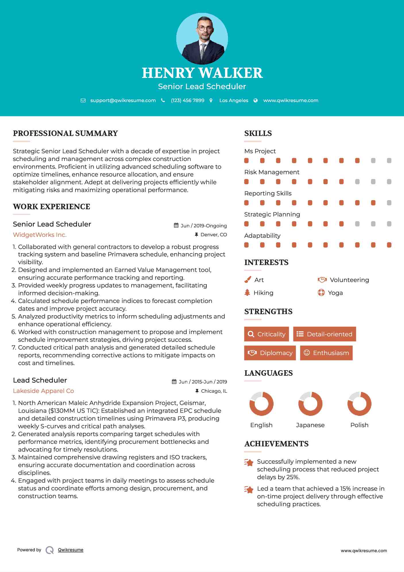 Senior Lead Scheduler Resume Sample