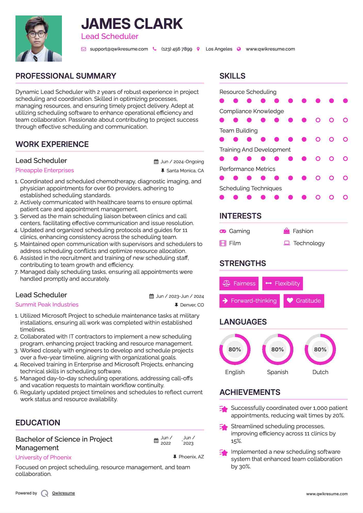 Lead Scheduler Resume Example