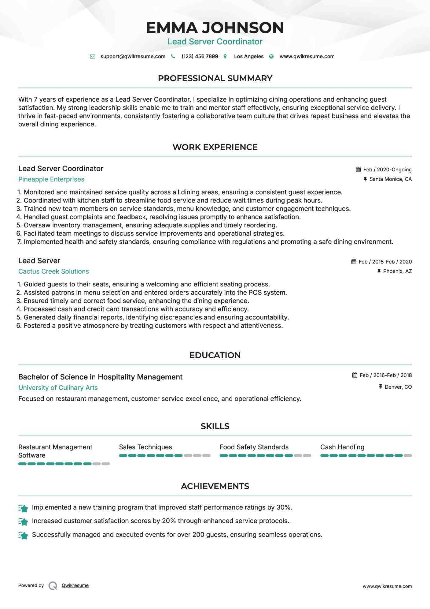 lead server resume samples qwikresume lead server resumes