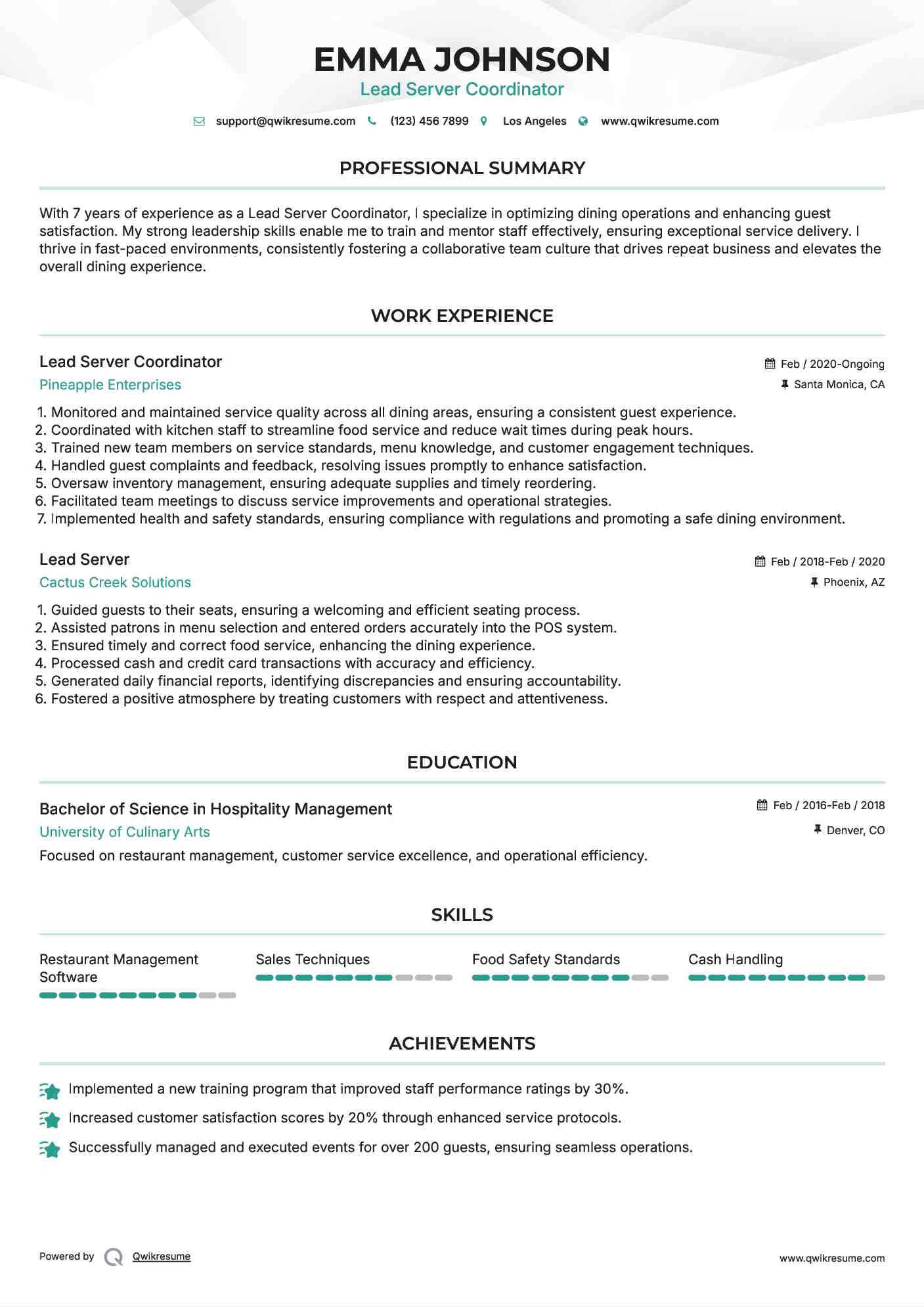 Restaurant Lead server Resume Example