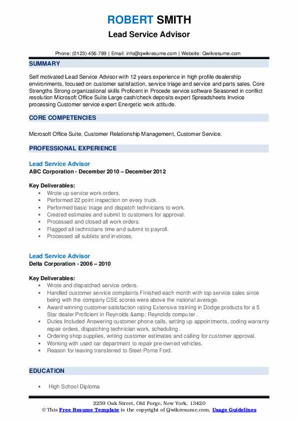 Lead Service Advisor Resume Samples - Lead Service Advisor 1660046539 Pdf 