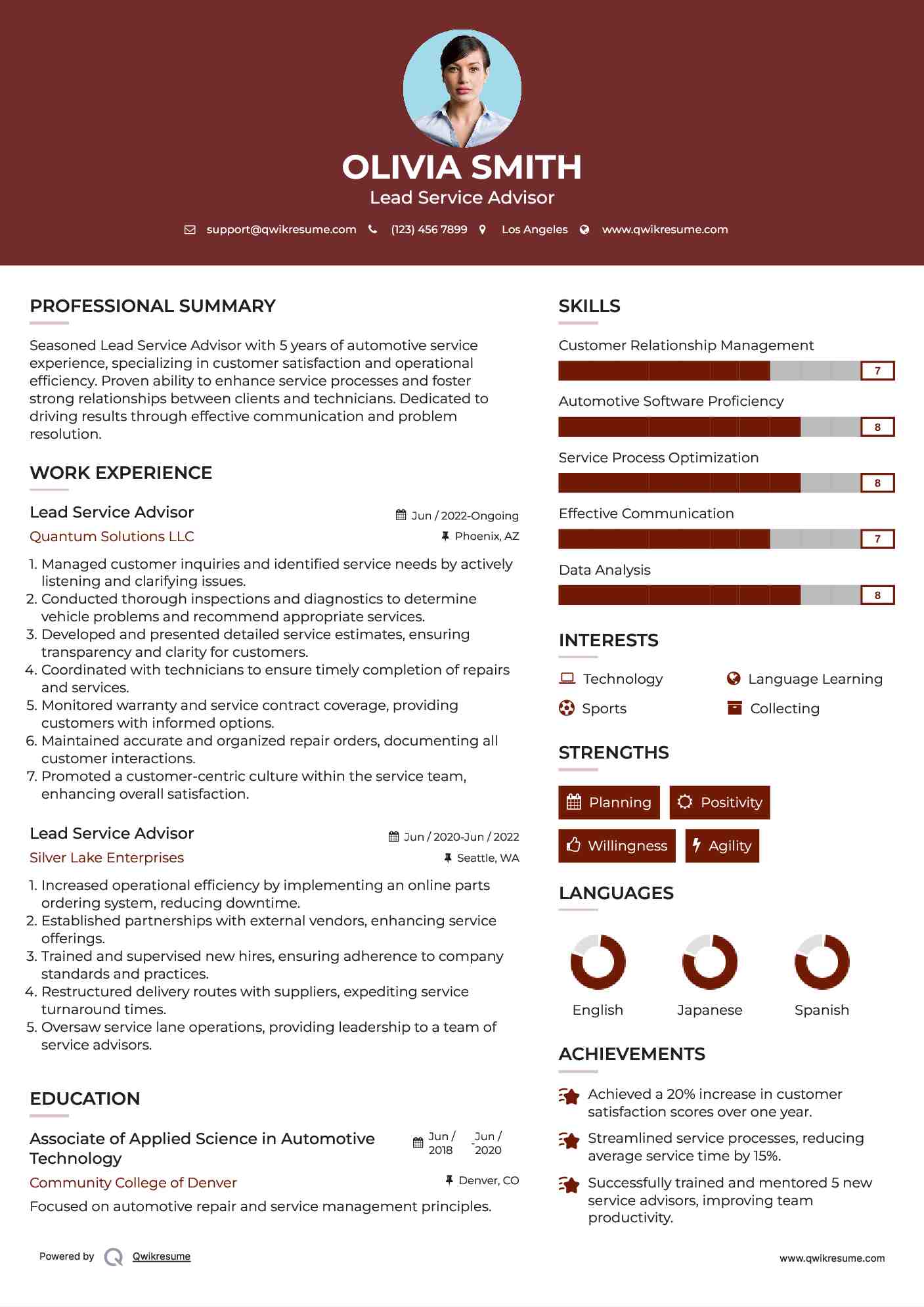 Lead Service Advisor Resume Template