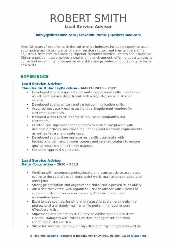 Lead Service Advisor Resume Samples - Lead Service Advisor 1660046625 Pdf