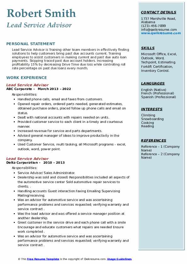 Lead Service Advisor Resume Samples - Lead Service Advisor 1660046729 Pdf