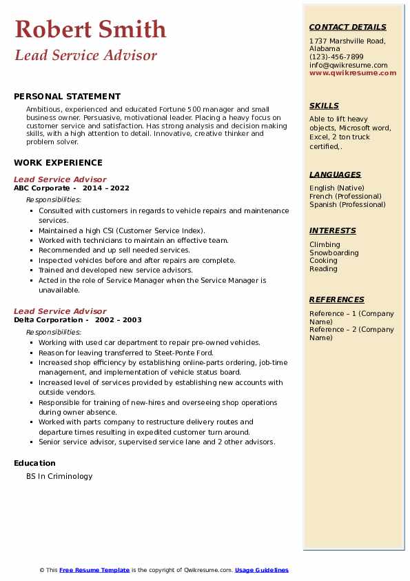 Lead Service Advisor Resume Samples - Lead Service Advisor 1660047026 Pdf