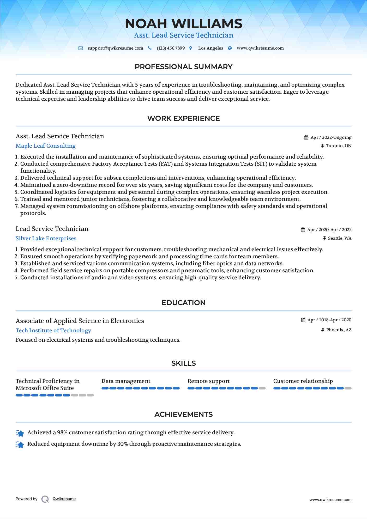 Asst. Lead Service Technician Resume Format