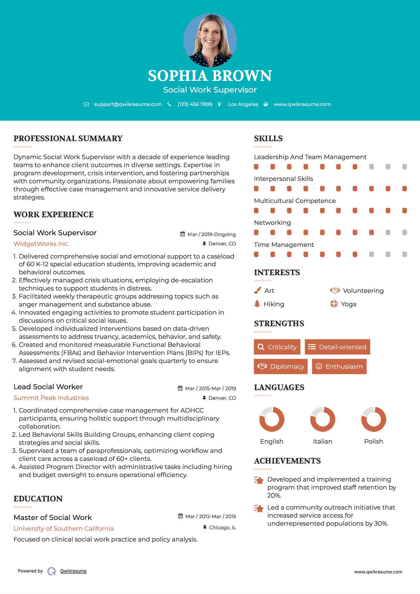 Social Work Supervisor Resume Example