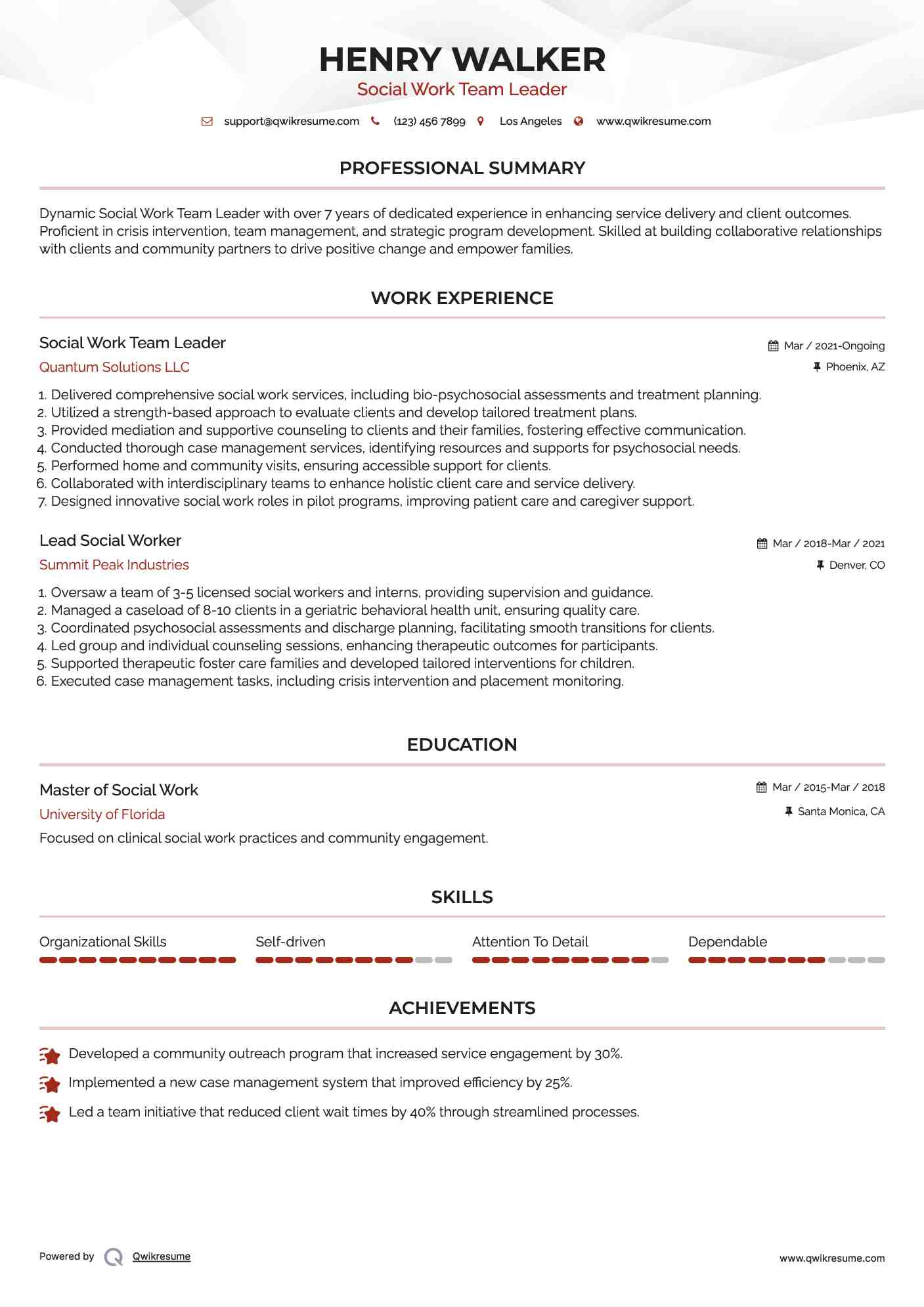 Social Work Team Leader Resume Sample