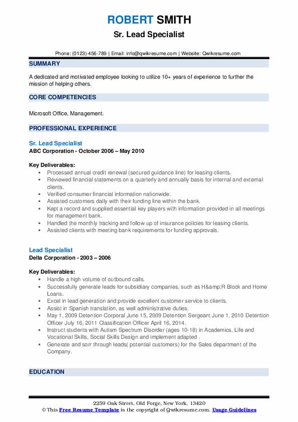 Lead Specialist Resume Samples QwikResume