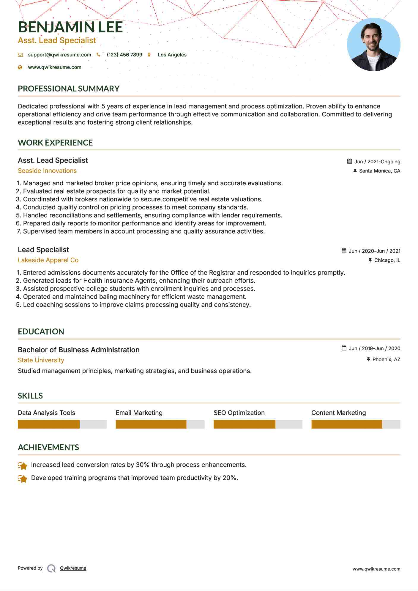 Lead Specialist Resume Samples QwikResume