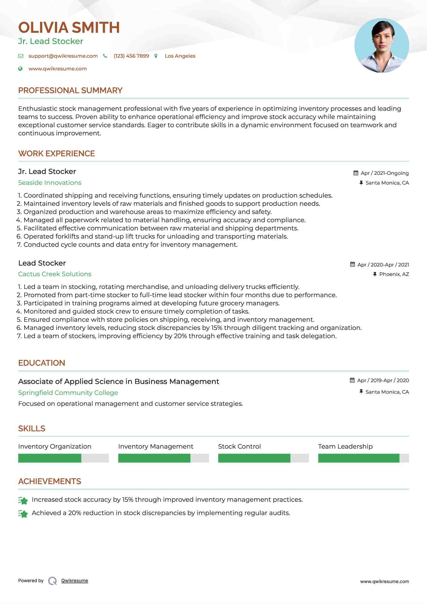 Jr. Lead Stocker Resume Example