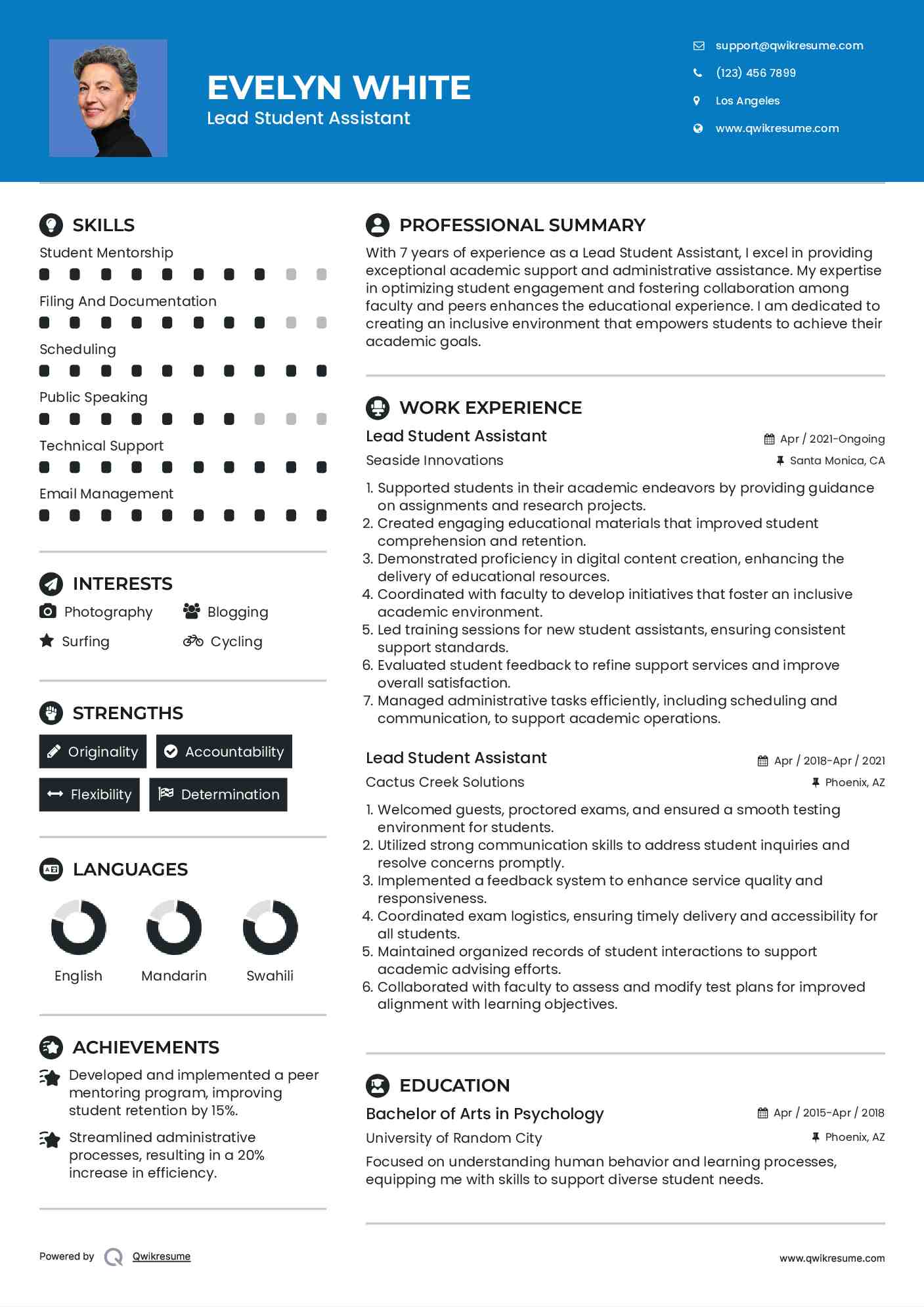 Lead Student Assistant Resume Format