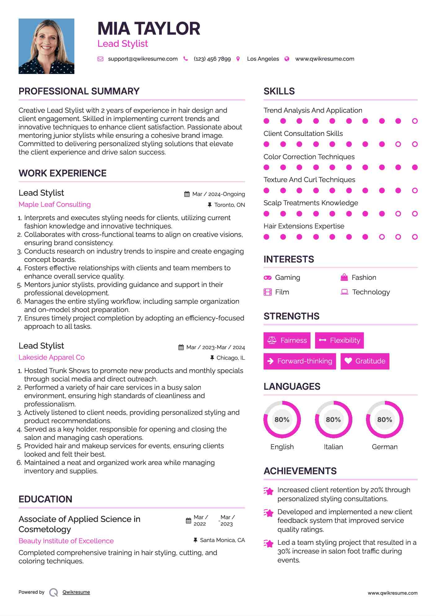 Lead Stylist Resume Sample