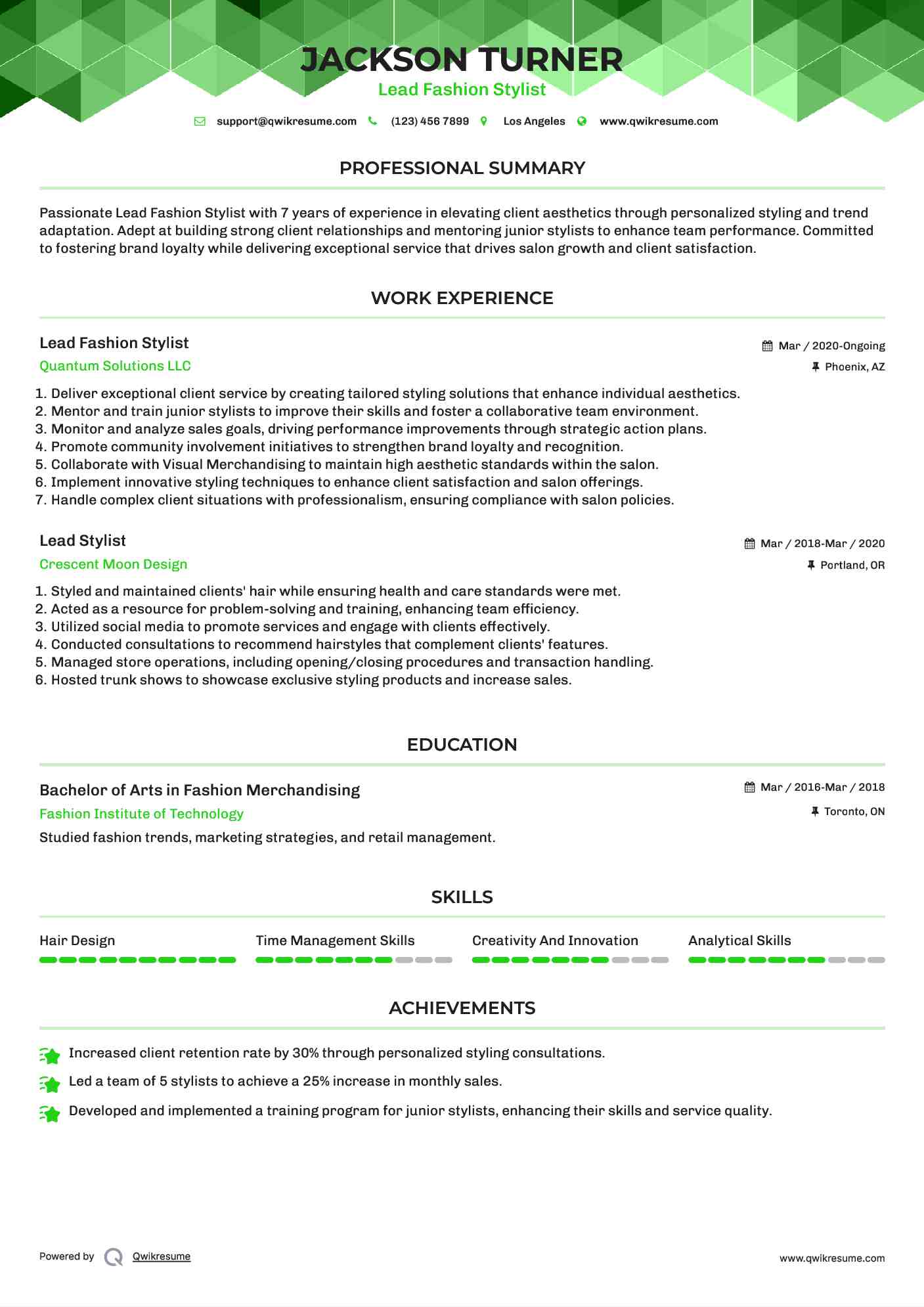 Lead Fashion Stylist Resume Example