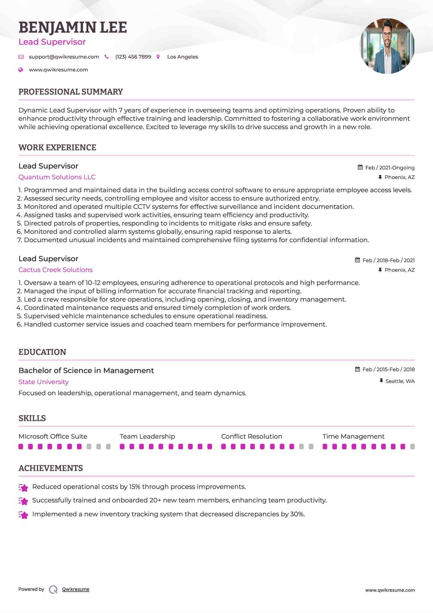 Lead Supervisor Resume Model