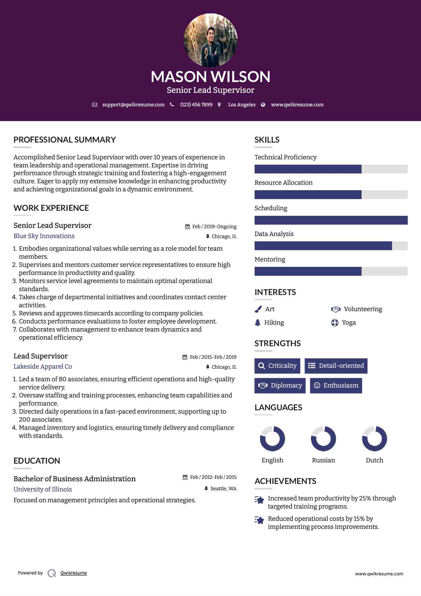 Lead Supervisor Resume Samples QwikResume