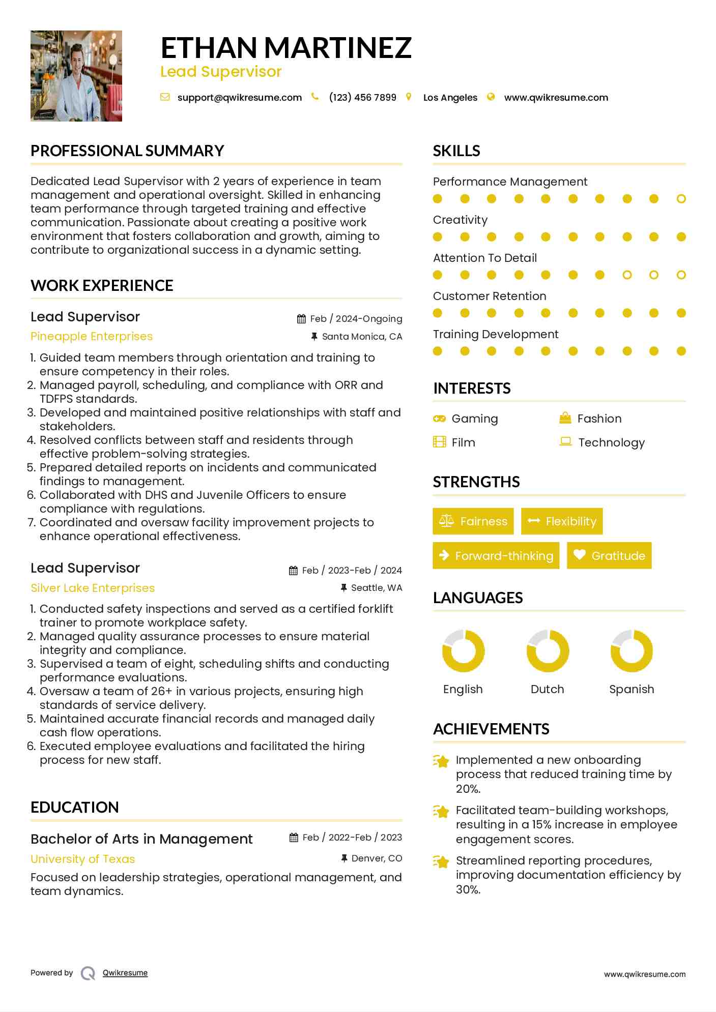 Lead Supervisor Resume Example