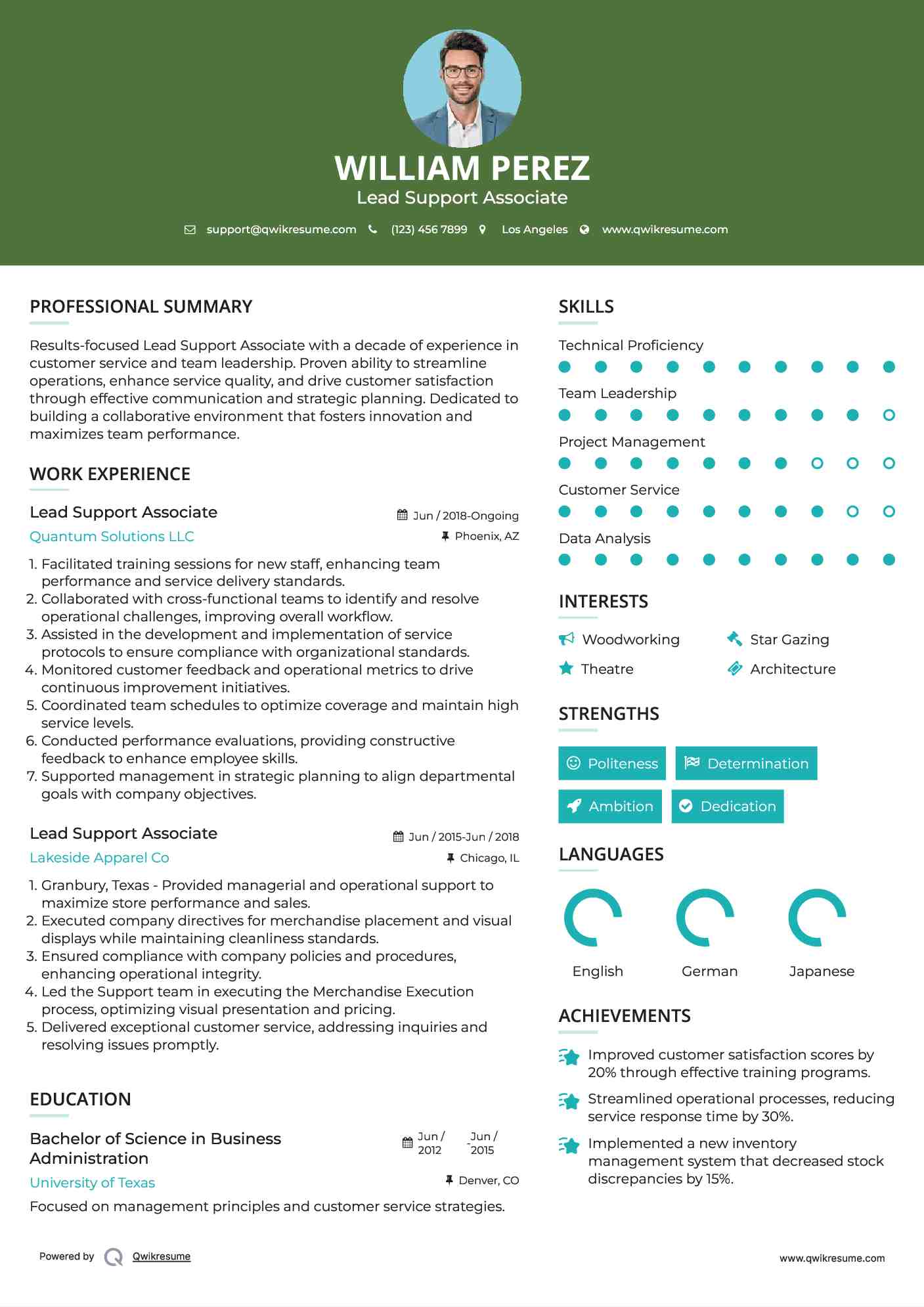 Lead Support Associate Resume Model