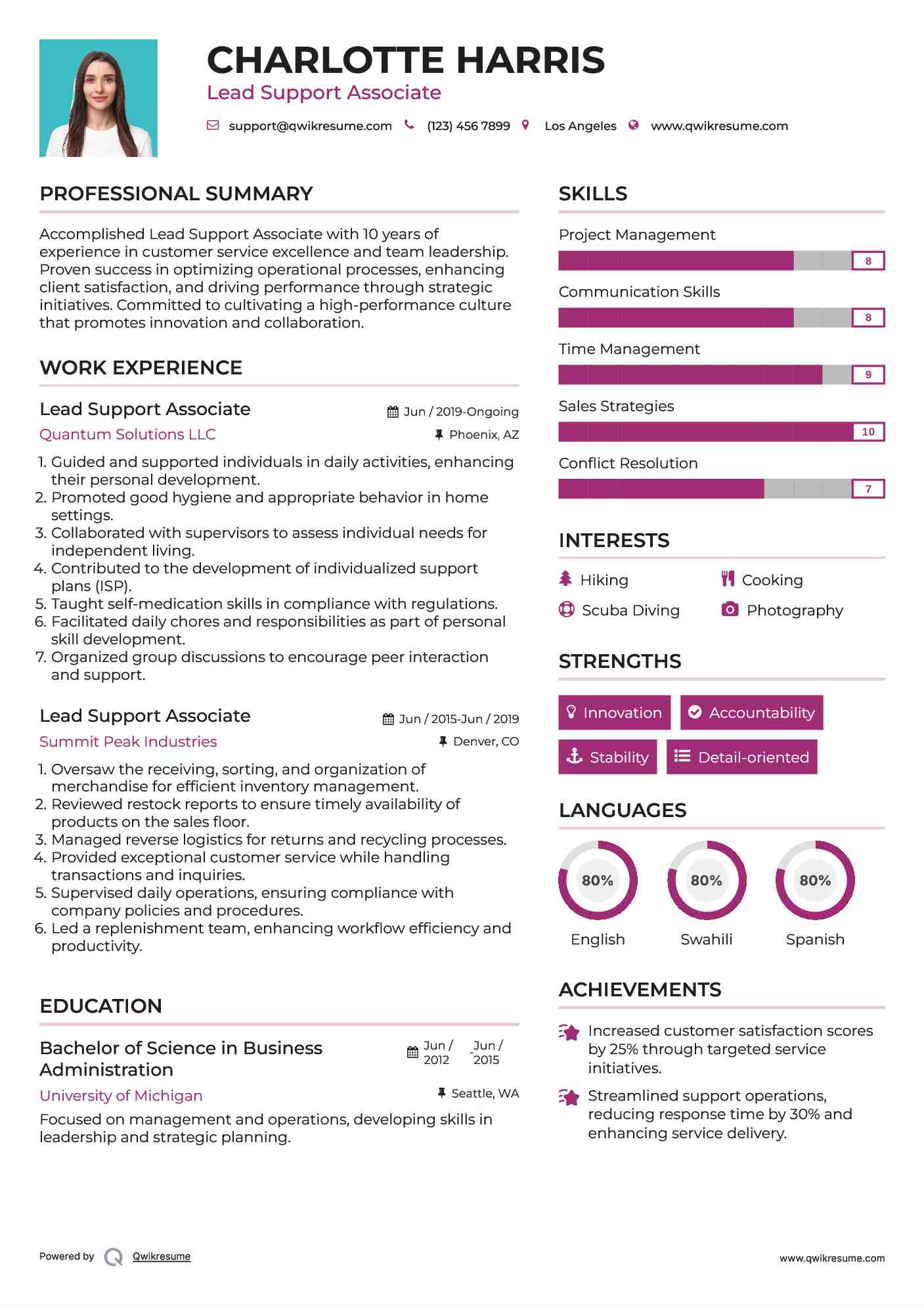Lead Support Associate Resume Model