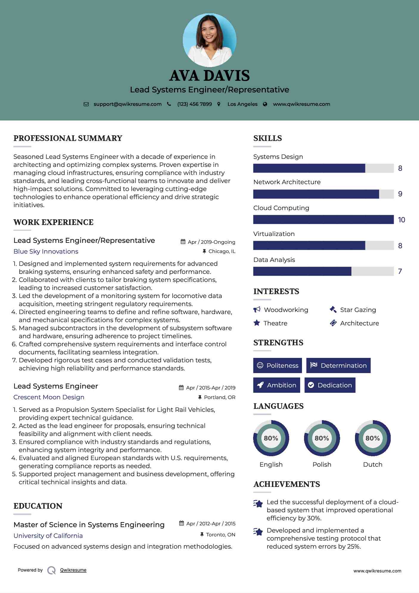 Lead Systems Engineer/Representative Resume Sample