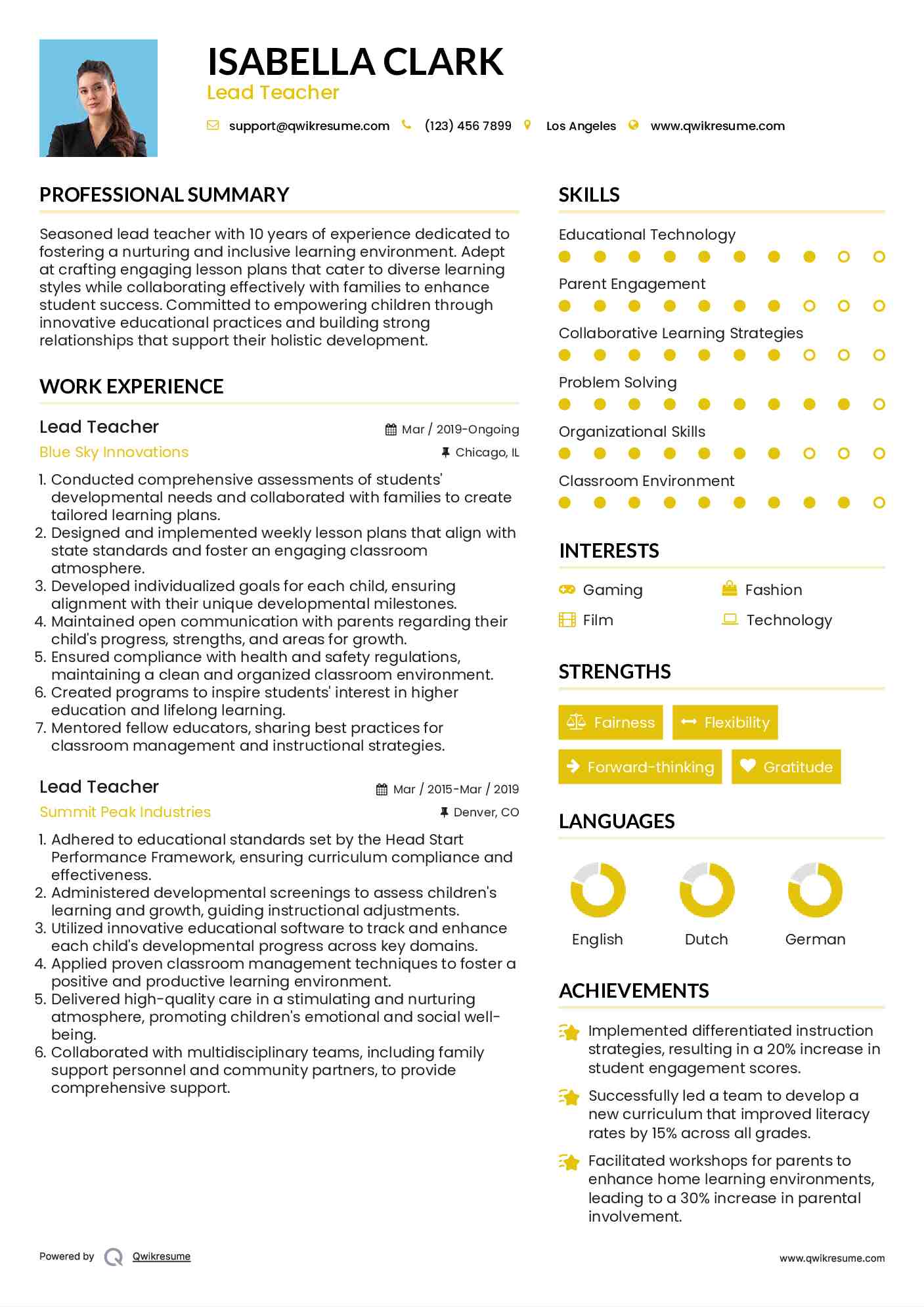 Lead Teacher Resume Model