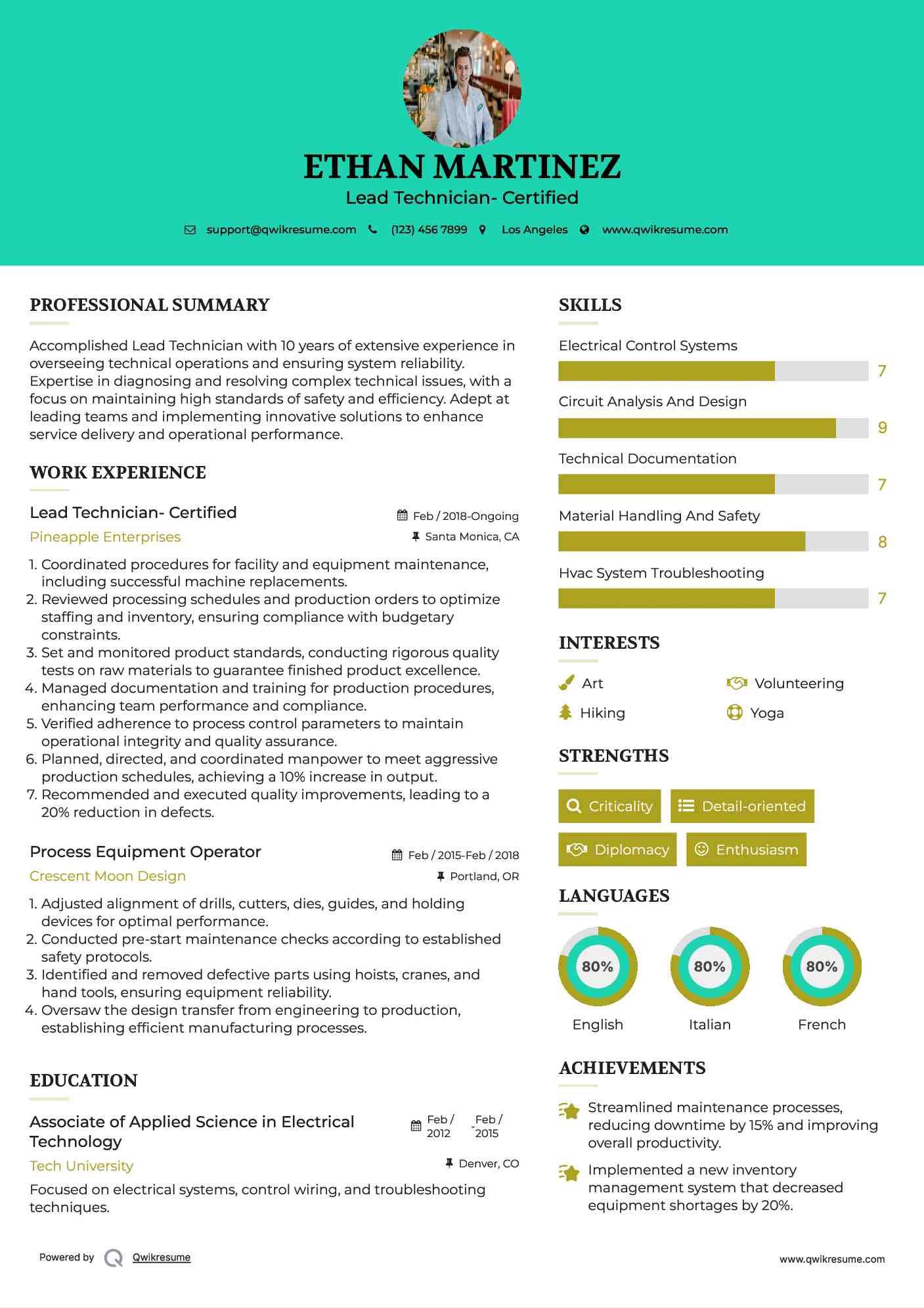 Lead Technician- Certified Resume Example